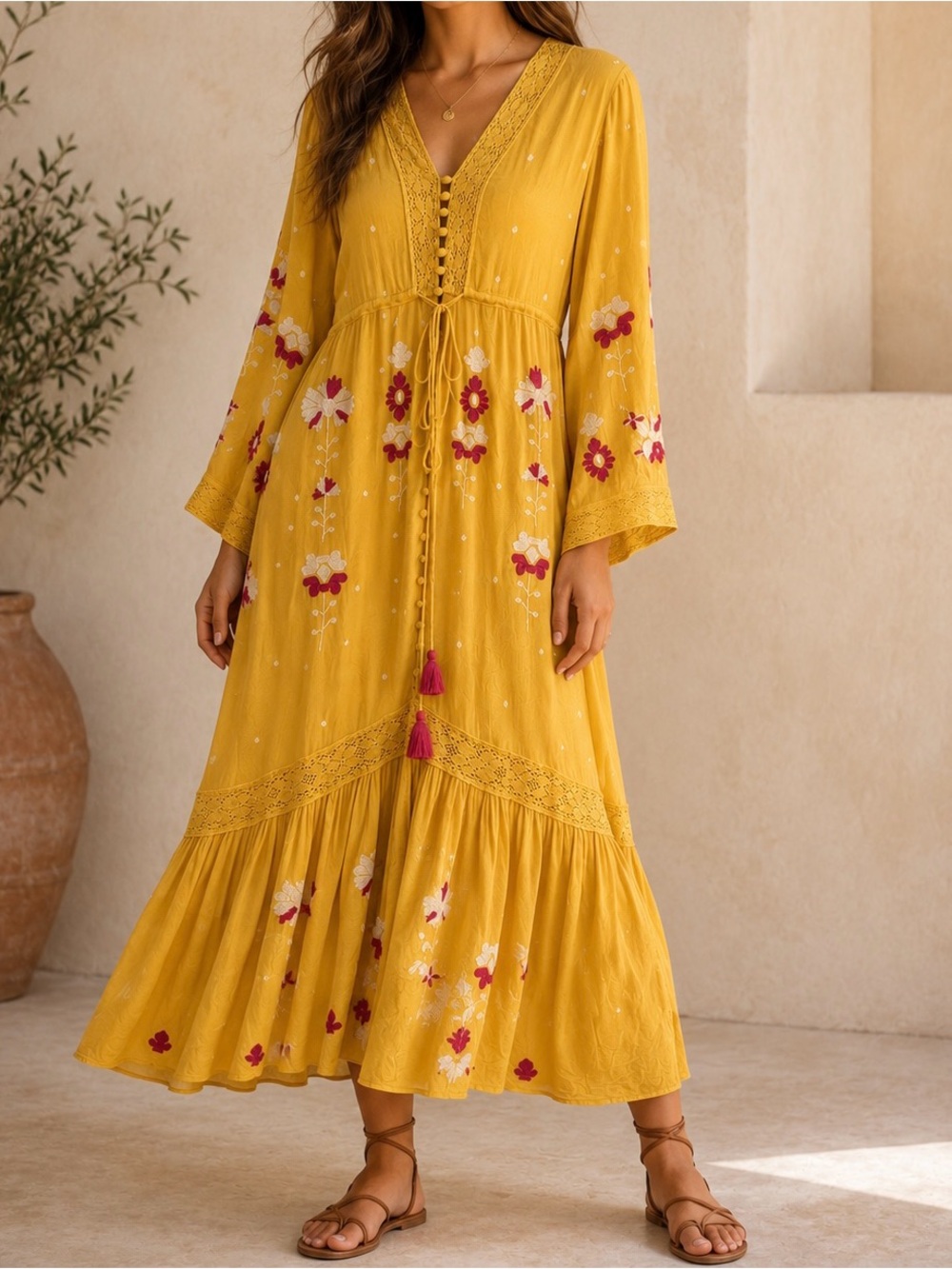 Frock & Frill ModCloth Yellow Embroidered Boho Maxi Dress Size 10